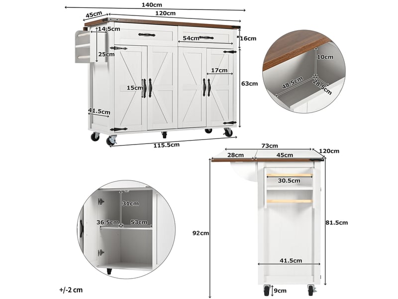  Îlot de cuisine pivotant à 360 degrés, table de bar sur roulettes extensible avec 3 tiroirs, blanc  - Conforama D