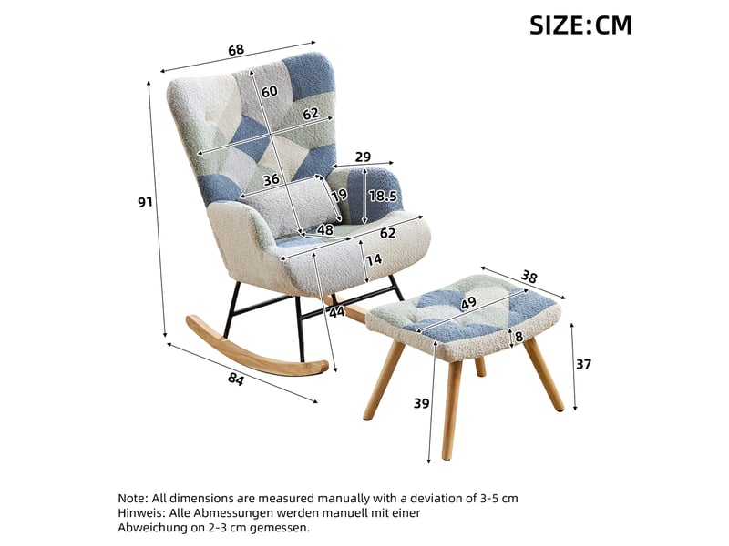  Fauteuil à bascule avec repose-pieds, dossier amovible et patins en feutre, en tissu beige et bleu  - Conforama D