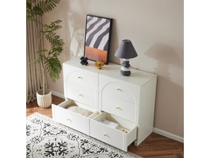 Grande commode 120cm pour salon - 6 tiroirs spacieux - arches romantiques & poignées métal - blanc crème luxe - anti-renversement