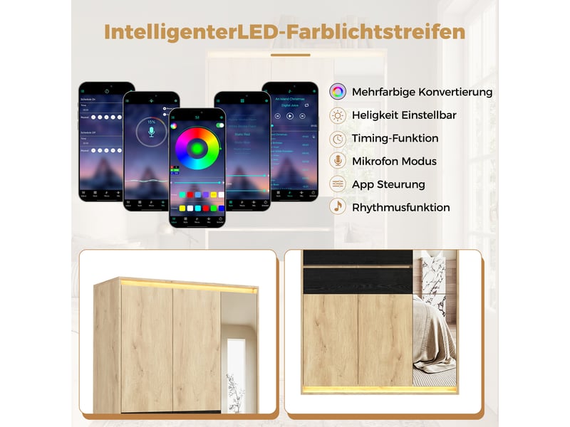  Armoire penderie 90 x 47 x 200 cm - miroir intégré - 4 tiroirs - éclairage led - 9 compartiments de rangement - anthracite et chêne  - Conforama E