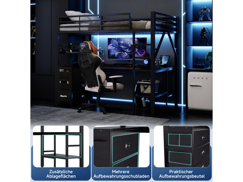  Lit mezzanine gaming en métal 90x200 cm, tiroirs, bureau, étagère, éclairage led, noir  - Conforama E