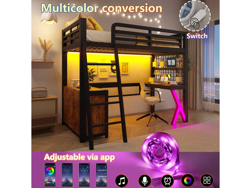 Lit mezzanine, 90 × 200 cm, noir, bureau, led, armoire, sans matelas, métal, led pilotable par appli, dimensions 204 × 94 × 170 cm - Conforama D
