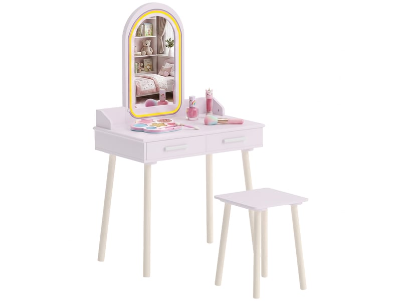  Coiffeuse enfant avec miroir led et 2 tiroirs en pin et mdf rose 60 x 36 x 100 cm  - Conforama A