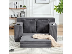 Canapé convertible 2 places 151 x 133 x 64 cm gris en velours côtelé, poches latérales et coussins