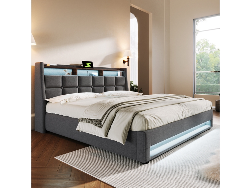 Lit polsteré en lin gris 160 x 200 cm - Conforama E