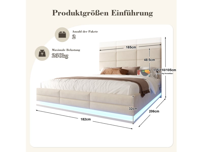  Lit coffre adulte 180x200 cm avec éclairage led et ports usb type-c, en velours beige, sans matelas  - Conforama C