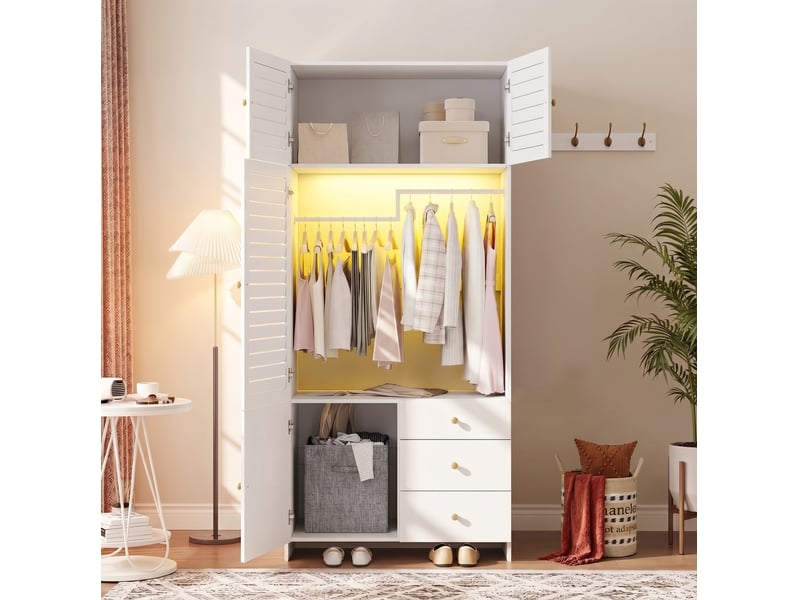 Armoire modenvie à portes battantes 90 x 50 x 200 cm avec led, 3 tiroirs et panier à linge blanc - Conforama B