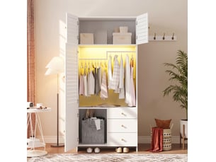 Armoire modenvie à portes battantes 90 x 50 x 200 cm avec led, 3 tiroirs et panier à linge blanc