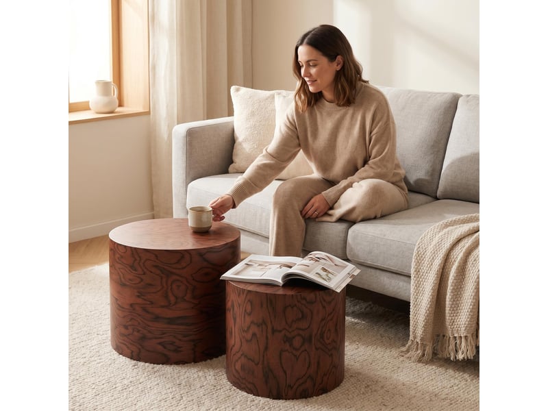 Table d'appoint - ensemble de 2 tables basses rondes gigognes, brun foncé, table d'appoint ronde en forme de souche d'arbre - Conforama R