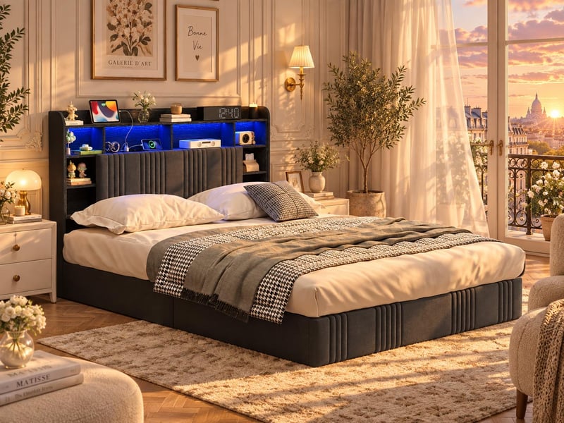 Lit 2 places 160x200 cm – lit coffre – tête de lit avec espace de rangement – ports usbtype-c – éclairage led rgb – sommier à lattes – lin gris - Conforama B