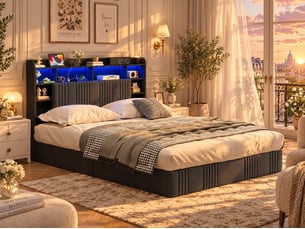 Lit 2 places 160x200 cm – lit coffre – tête de lit avec espace de rangement – ports usbtype-c – éclairage led rgb – sommier à lattes – lin gris