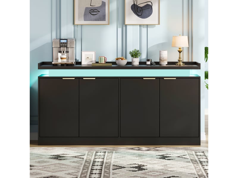 Buffet noir avec led 160 cm salle à manger, meuble de rangement 4 portes en mdf, commode moderne - Conforama B