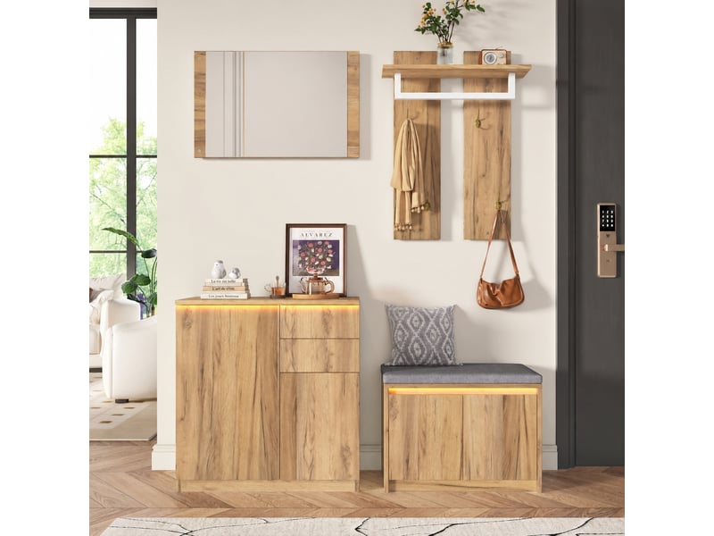  Ensemble meuble d'entrée 130x35x124,5 cm avec miroir, éclairage led et rangements  - Conforama B