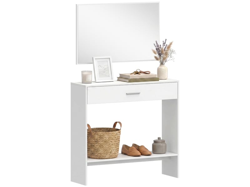  Console d'entrée avec miroir, tiroir et étagère, meuble d'entrée, 91,5 x 27,9 x 85,5 cm, blanche  - Conforama A