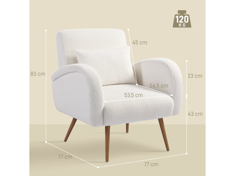  Fauteuil relax en fleece avec coussin lombaire et larges accoudoirs, pieds métalliques, métal blanc crème  - Conforama D