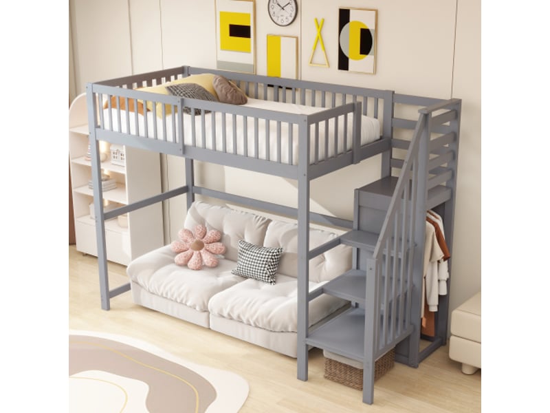  Lit mezzanine 90x200 cm coloris gris bois massif lit enfant gris - Conforama E