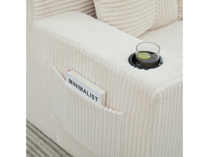  Canapé droit convertible 2 places, en velours côtelé, 2 coussins, porte-gobelet et poches latérales, 151 × 133 × 64 cm, beige YXY-0915-3 - Conforama E