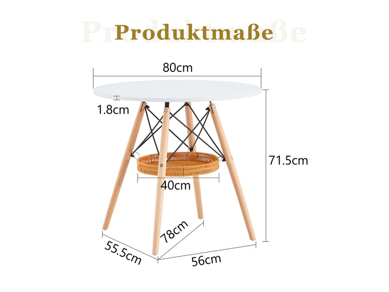  Table à manger ronde,80x80x71,5 cm,avec panier de rangement,mdf,blanc pieds en bois  - Conforama C