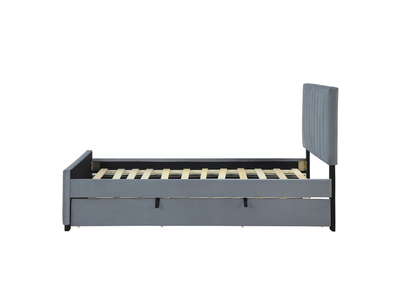  Lit gigogne 90x190 cm en velours gris, lit rembourré avec couchage extractible et sommier à lattes  - Conforama E