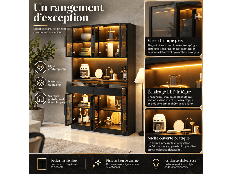 Vitrine led 120x40x180 cm avec 8 portes en verre trempé, 2 tiroirs et niche ouverte, meuble vitrine en mdf et verre, gris OMNIGLINT TRADING LTD - Conforama E