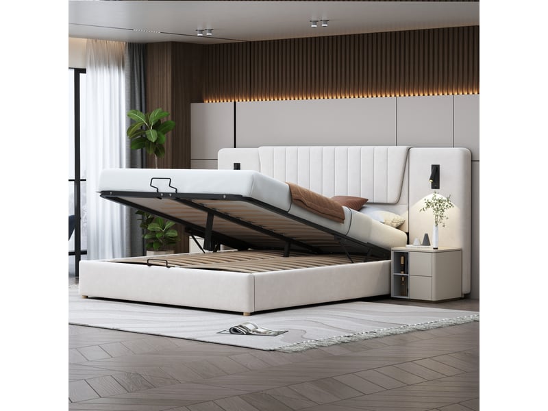 Lit coffre 180x200 cm - lit double avec lampe de lecture et port usb, sans matelas, en velours beige - Conforama D