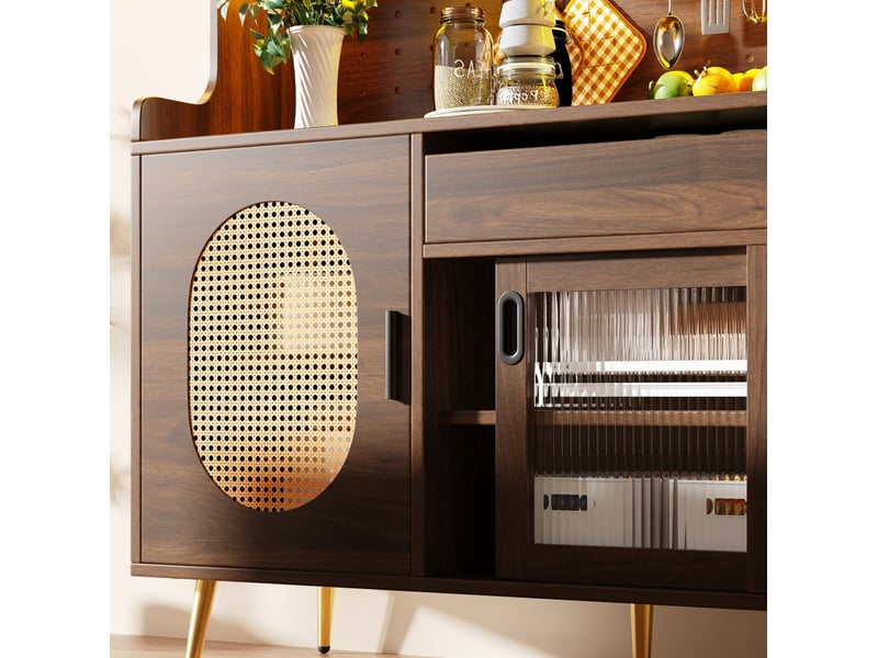  Buffet cuisine 145x39x171cm, led, meuble cuisine avec cinq portes, meuble salon, portes en verre cannelé, mdf, brun  - Conforama E