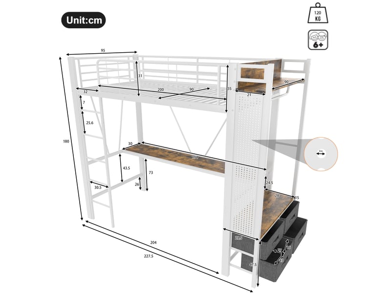  Lit mezzanine 90x200cm coloris blanc led métal lit enfant blanc - Conforama C