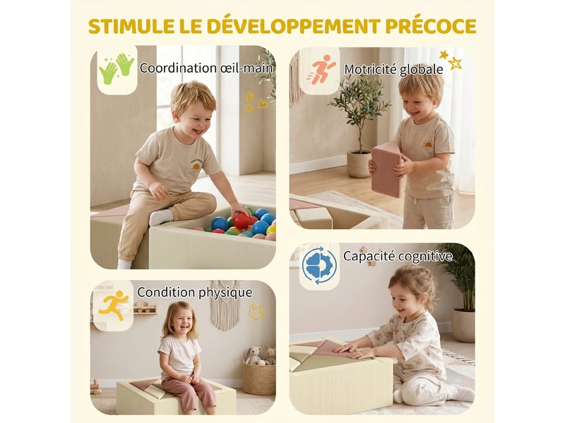  Parcours motricité bébé 9pcs avec piscine à balles, module en mousse souple avec housse en velours côtelé, multicolore  - Conforama W