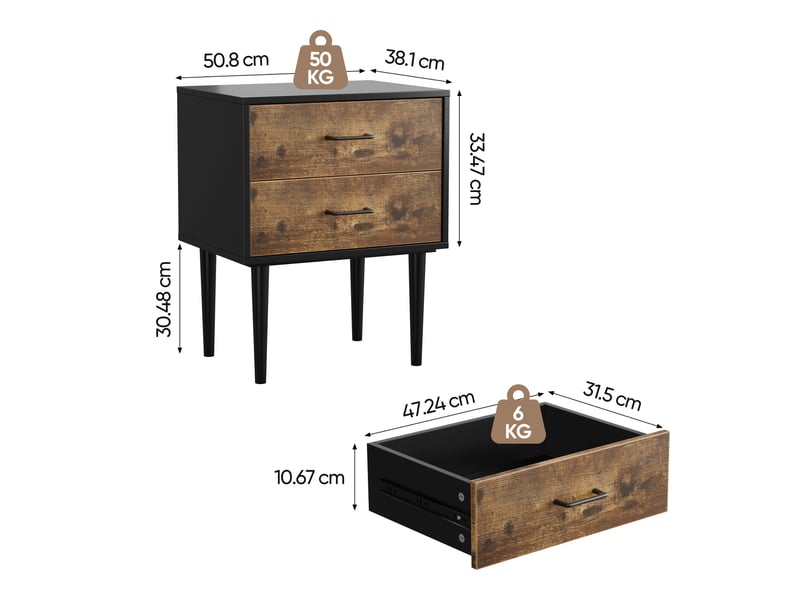 Table de chevet rétro, marron vintage, style industriel, 2 tiroirs, meuble d’appoint, 51 cm - Conforama C