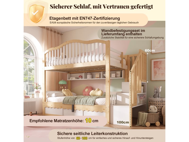  Lit superposé enfant 90x200cm - lit enfant bois - rangement hydraulique - escalier sécurisé avec étagères - 2 places - blanc chêne  - Conforama C