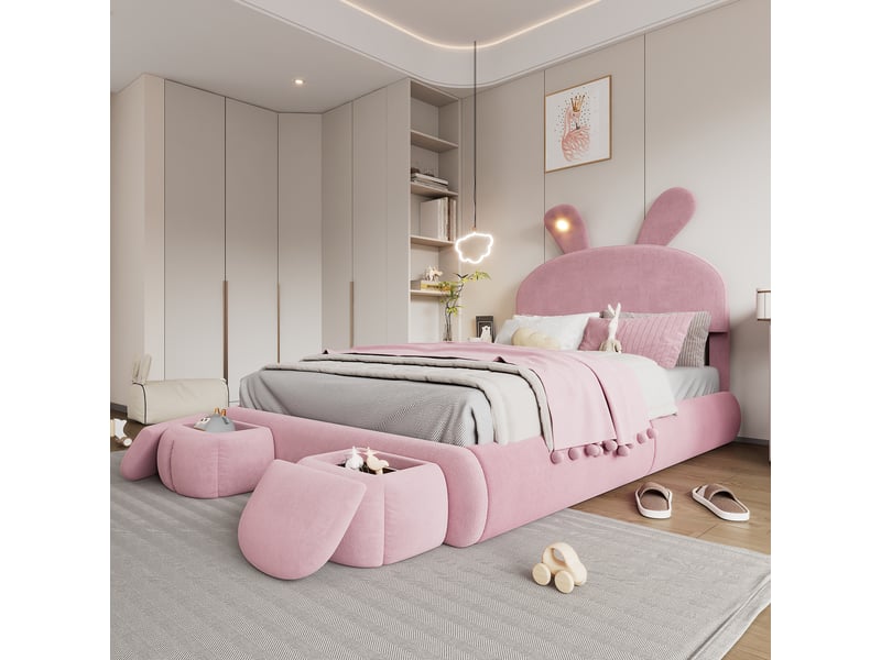  Lit coffre 140x200 cm hydraulique velours rose oreilles de lapin led veilleuse 2 poufs et sommier  - Conforama C