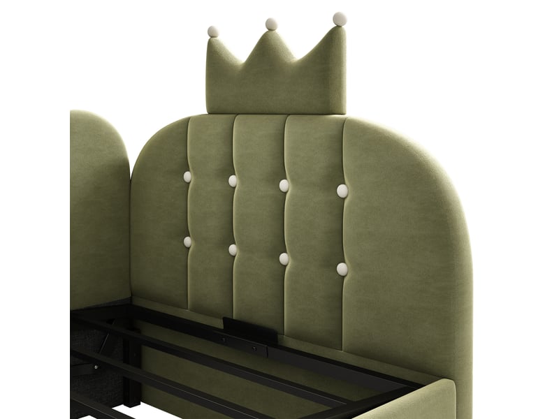  Lit banquette coffre 90 × 200 cm en velours vert, rangement hydraulique et tête en l motif couronne Fay Lum - Conforama E