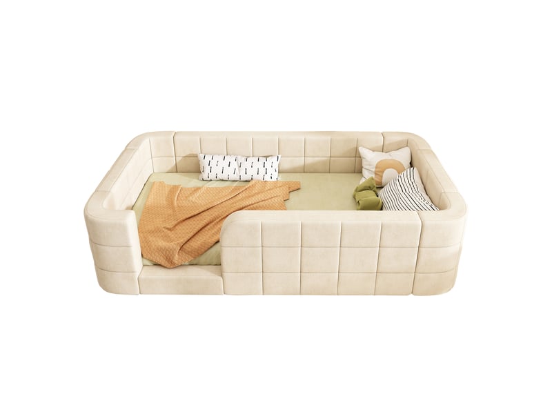  Lit au sol enfant rembourré 90x190 cm en chenille avec barrières de sécurité, accès bas, montage facile et sommier à lattes - beige Morn Vibe - Conforama A