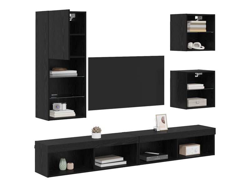  Meuble tv - unités murales tv avec led 5 pcs chêne noir 100 x 30 x 30 cm  - Conforama C