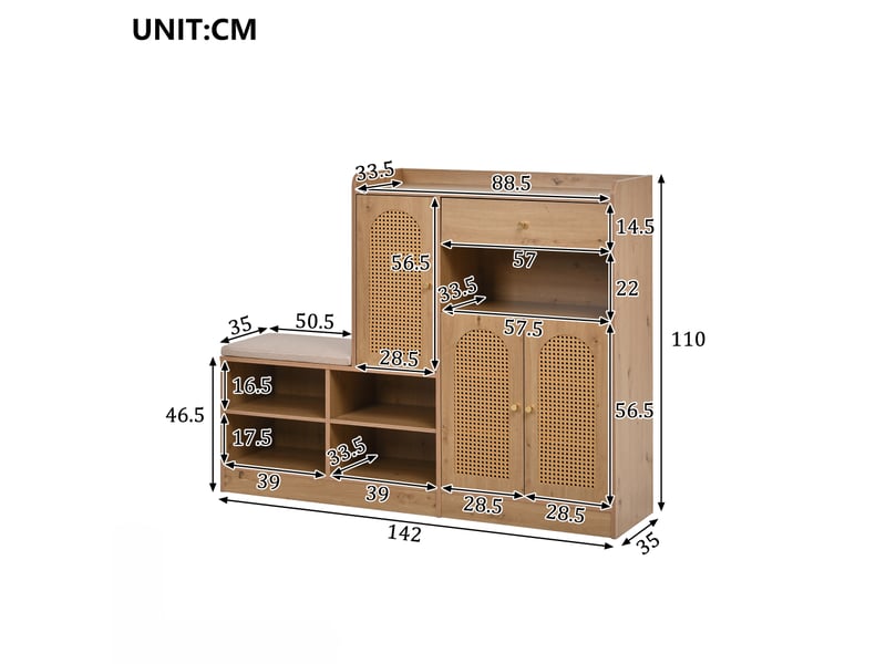 Meuble à chaussures avec banc rembourré, 3 portes rotin, 1 tiroir, rangement entrée, bois, 142x35x110 cm  - Conforama C