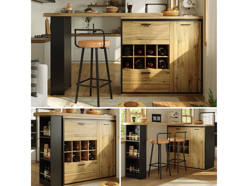  Table extensible 138-220x39x105 cm avec rangement intégré, tiroirs et range-bouteilles, mdf, métal, effet bois  - Conforama D