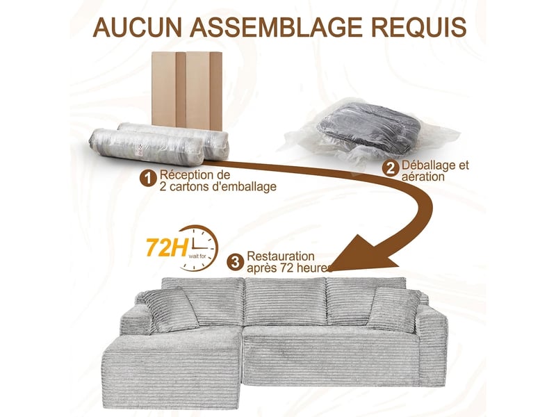 Canapé modulaire d'angle 4 places noir - mousse à mémoire de forme, méridienne large, sans montage - Conforama W