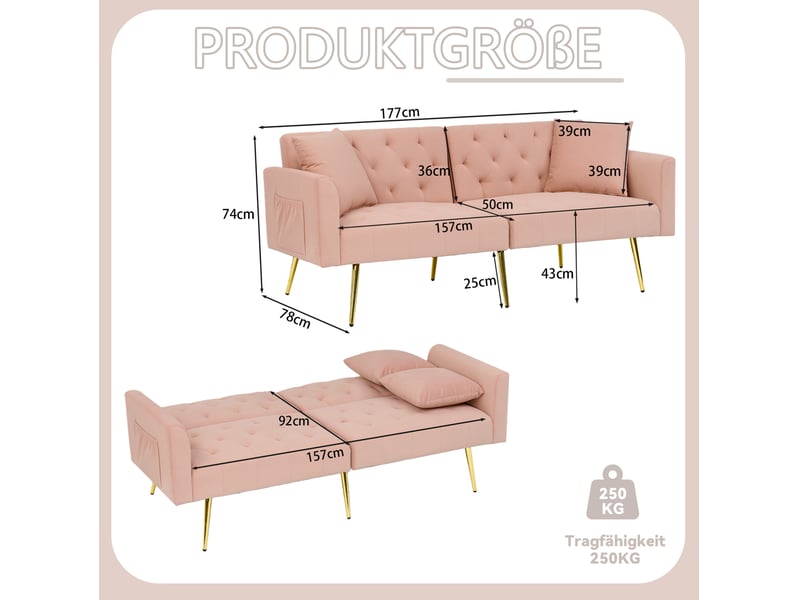  Canapé convertible 2 places avec dossier réglable 3 positions, 2 coussins et couchage d'appoint en velours rose  - Conforama D