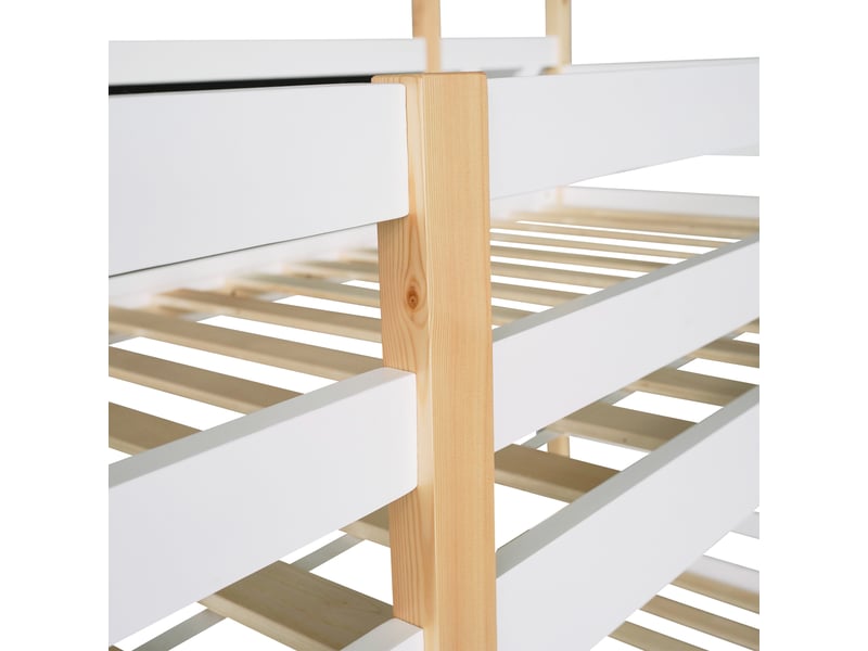  Lit superposé enfant 90x200 cm avec escalier de rangement, blanc et naturel, sans matelas  - Conforama R