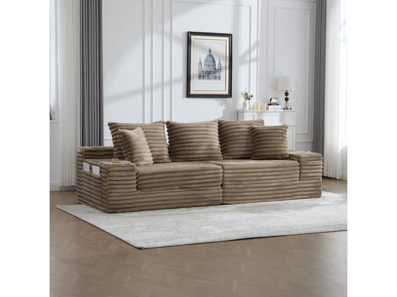  Canapé convertible 4 places en velours côtelé kaki, 273 x 98 x 87 cm, porte-gobelets, poches latérales, livré compressé, agencement modulable CARDUME ESTIVAL - Conforama B