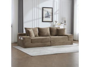 Canapé convertible 4 places en velours côtelé kaki, 273 x 98 x 87 cm, porte-gobelets, poches latérales, livré compressé, agencement modulable
