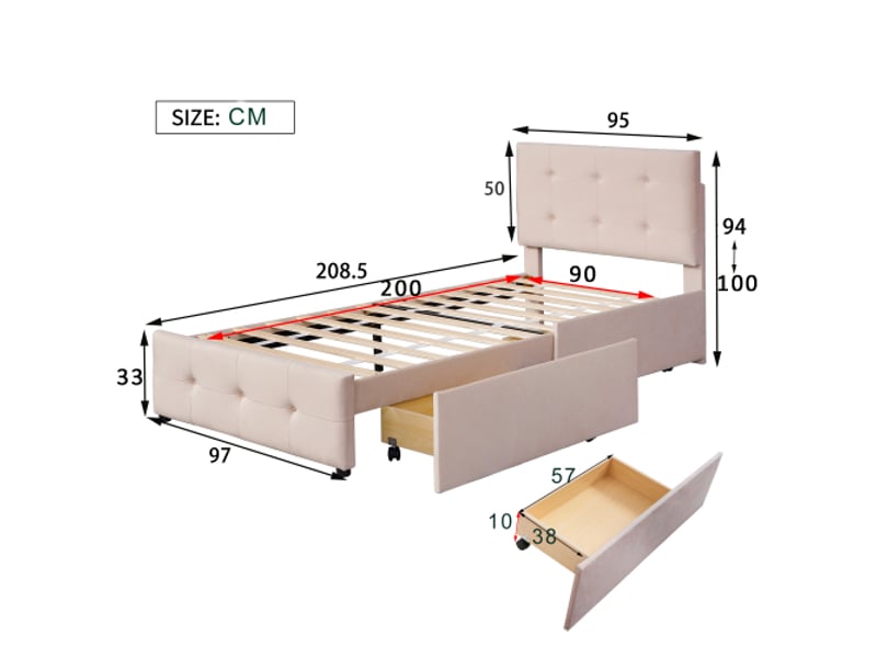  Lit enfant 90x200 cm, avec tiroir, avec tête de lit et lattes, en tissu, beige, sans matelas  - Conforama D