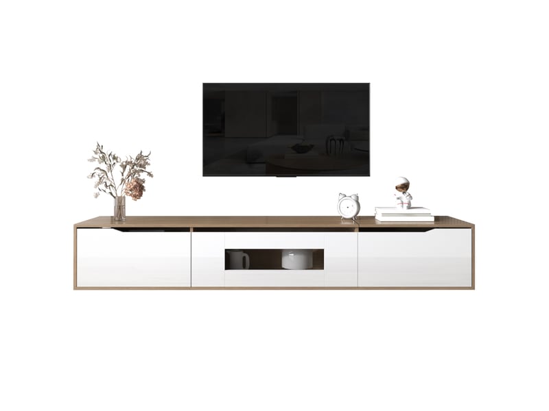  Meuble tv avec led 16 couleurs pour salon 180×30×35 cm en panneaux de particules blanc et bois  - Conforama A