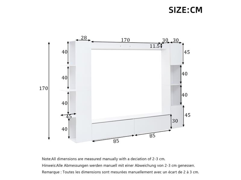  Meuble tv mural 245x30x170 cm - ensemble 4 pièces avec vitrine à porte réversible et nombreux rangements pour salon - blanc  - Conforama C