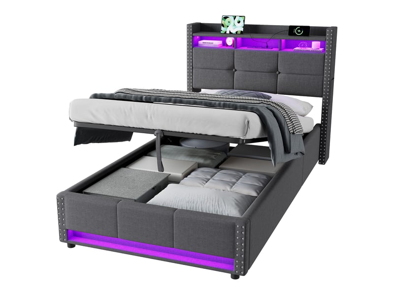  Lit avec rangement simple 90 x 200 cm en tissu de lin, led réglable, usb et prises, sans matelas, gris foncé  - Conforama A