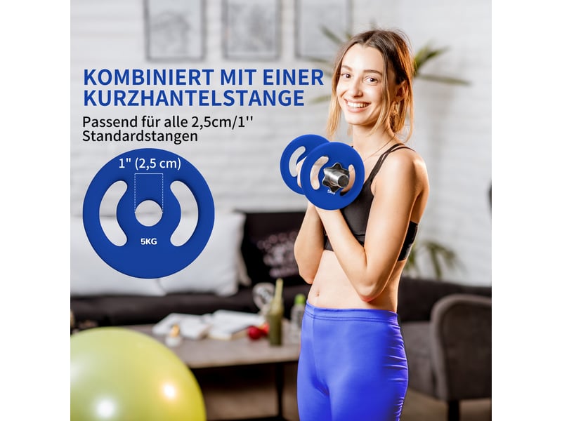 Lot de 2 disques de musculation 5kg, alésage 30 mm, poids bleus avec poignées pour fitness - Conforama E