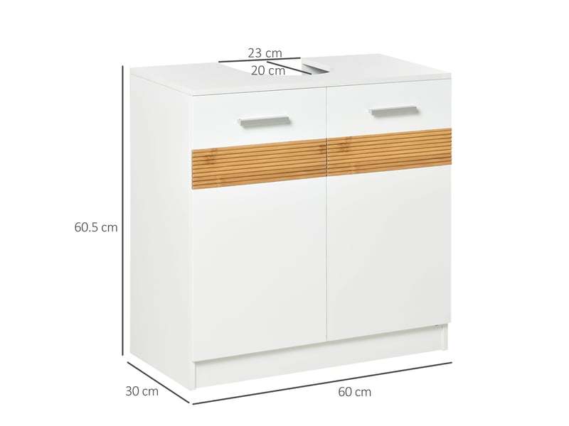  Meuble sous lavabo 60 cm en mdf et bambou, blanc et effet bois, ouverture en u  - Conforama E