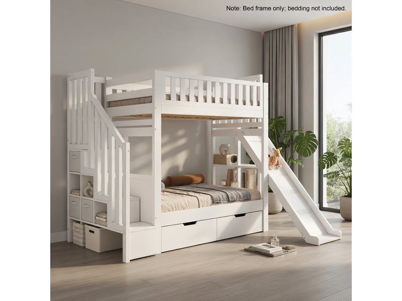 Gutenacht lit superposé 90x200 cm blanc avec toboggan, échelle-rangement et tiroirs - Conforama B