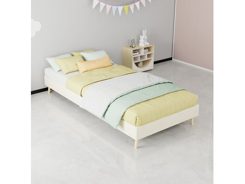  Modenvie lit enfant 90x200 cm - tête de lit capitonnée, pieds aspect bois naturel, sans matelas - beige  - Conforama D