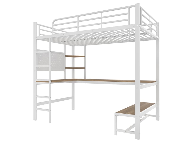 Lit mezzanine avec bureau, led, usb type-c et rangements, métal blanc, 90x200 cm, sans matelas - Conforama D